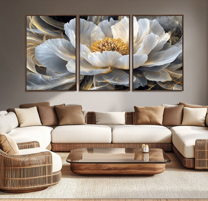 84689-MGV-CV-36X24-Gold Floral Wall Art Canvas Print, Framed Modern Flower Art Print, Golden Abstract Perfect for Vintage Decor
