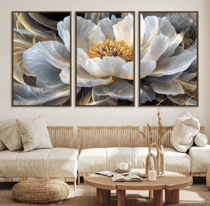 84689-MGV-CV-36X24-Gold Floral Wall Art Canvas Print, Framed Modern Flower Art Print, Golden Abstract Perfect for Vintage Decor