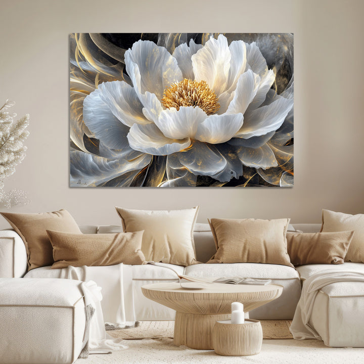 Gold Floral Wall Art Canvas Print, Framed Modern Flower Art Print, Golden Abstract Perfect for Vintage Decor