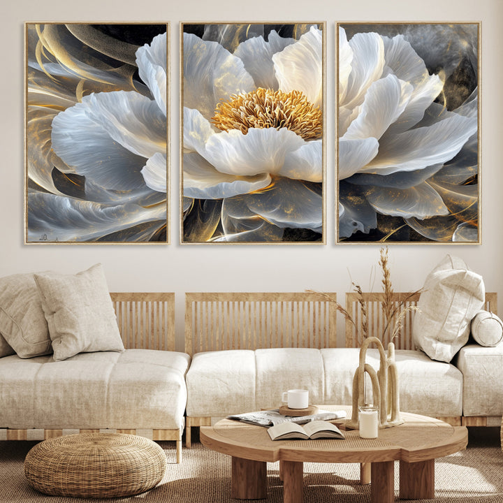 84689-MGV-CV-36X24-Gold Floral Wall Art Canvas Print, Framed Modern Flower Art Print, Golden Abstract Perfect for Vintage Decor