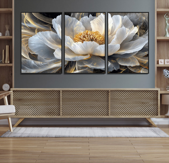 84689-MGV-CV-36X24-Gold Floral Wall Art Canvas Print, Framed Modern Flower Art Print, Golden Abstract Perfect for Vintage Decor