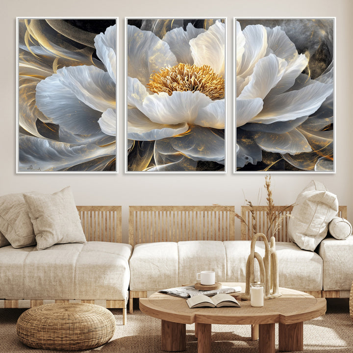 84689-MGV-CV-36X24-Gold Floral Wall Art Canvas Print, Framed Modern Flower Art Print, Golden Abstract Perfect for Vintage Decor