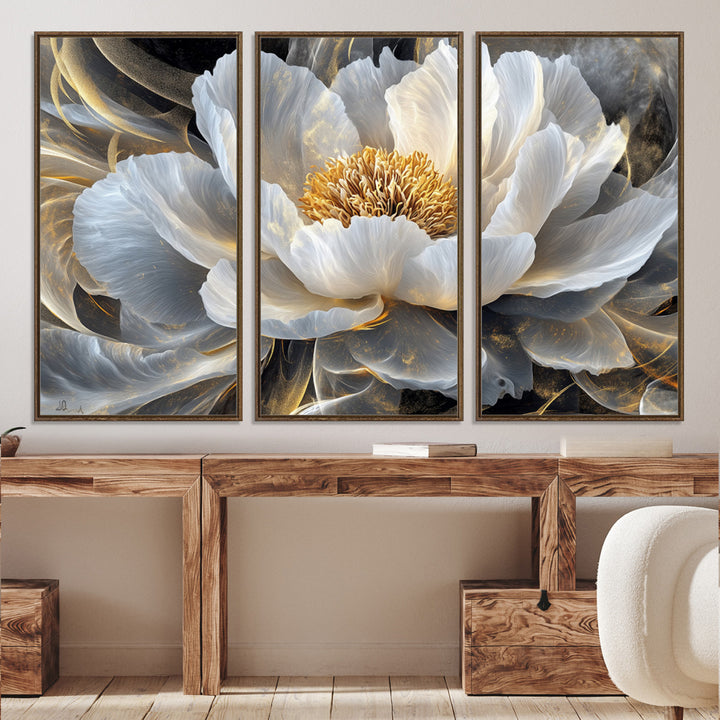 84689-MGV-CV-36X24-Gold Floral Wall Art Canvas Print, Framed Modern Flower Art Print, Golden Abstract Perfect for Vintage Decor