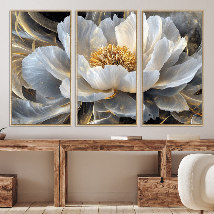 84689-MGV-CV-36X24-Gold Floral Wall Art Canvas Print, Framed Modern Flower Art Print, Golden Abstract Perfect for Vintage Decor