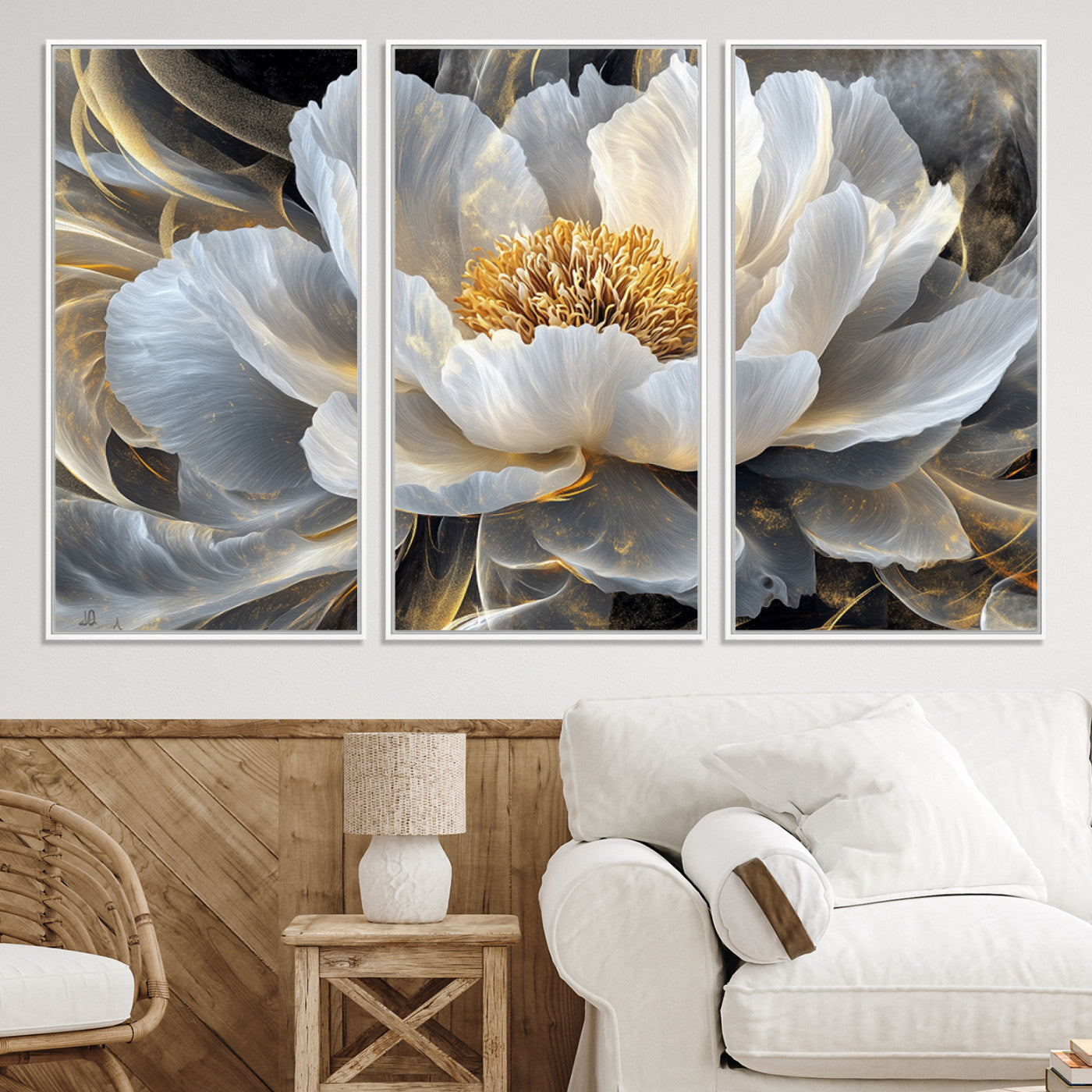 84689-MGV-CV-36X24-Gold Floral Wall Art Canvas Print, Framed Modern Flower Art Print, Golden Abstract Perfect for Vintage Decor