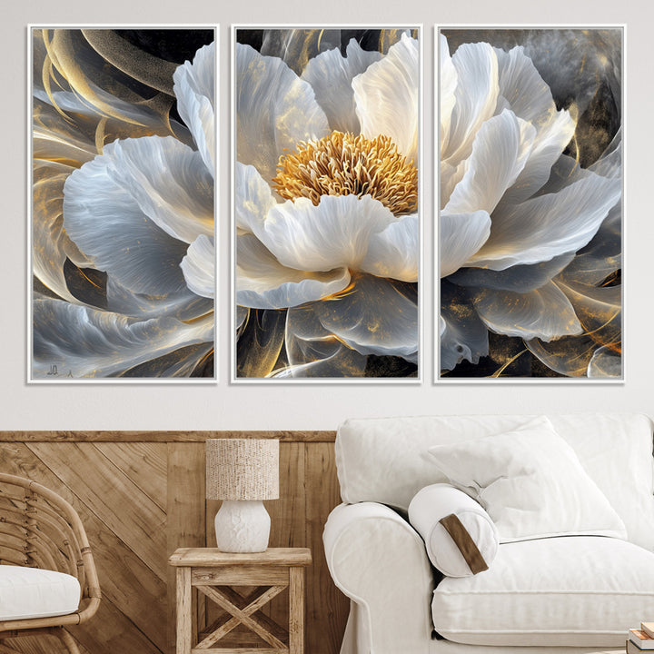 84689-MGV-CV-36X24-Gold Floral Wall Art Canvas Print, Framed Modern Flower Art Print, Golden Abstract Perfect for Vintage Decor