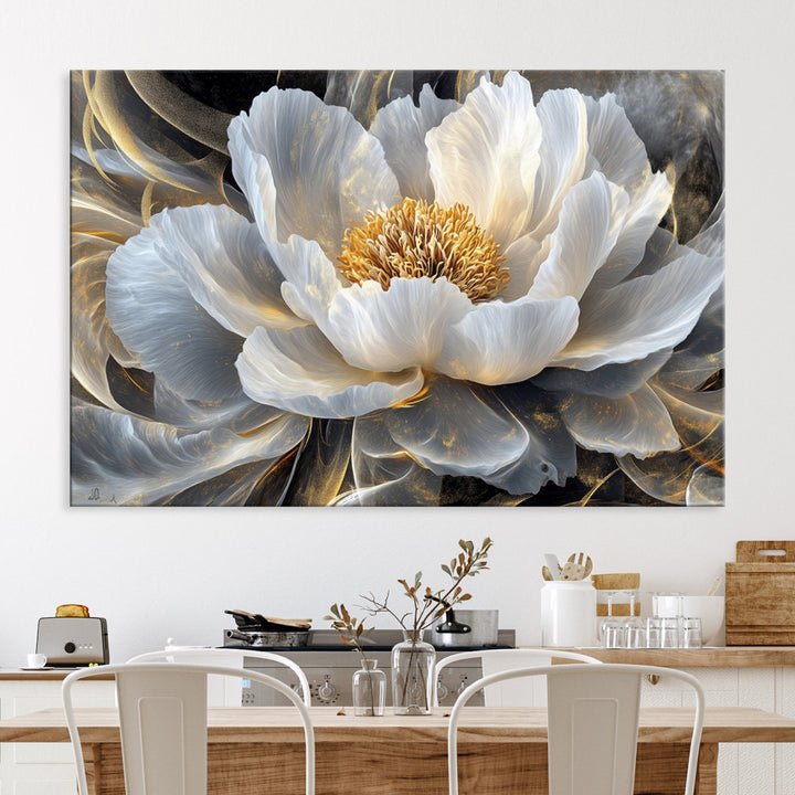 Gold Floral Wall Art Canvas Print, Framed Modern Flower Art Print, Golden Abstract Perfect for Vintage Decor