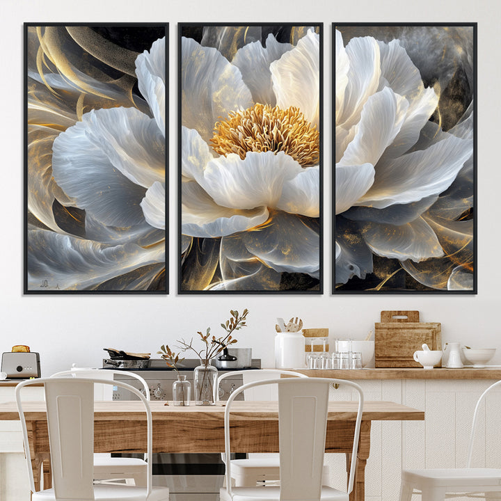 84689-MGV-CV-36X24-Gold Floral Wall Art Canvas Print, Framed Modern Flower Art Print, Golden Abstract Perfect for Vintage Decor