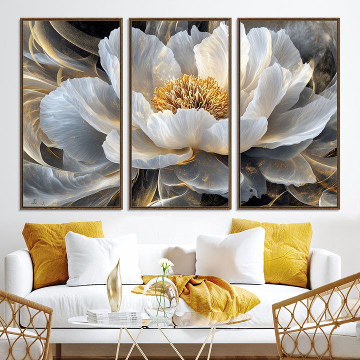 84689-MGV-CV-36X24-Gold Floral Wall Art Canvas Print, Framed Modern Flower Art Print, Golden Abstract Perfect for Vintage Decor