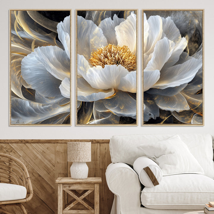 84689-MGV-CV-36X24-Gold Floral Wall Art Canvas Print, Framed Modern Flower Art Print, Golden Abstract Perfect for Vintage Decor