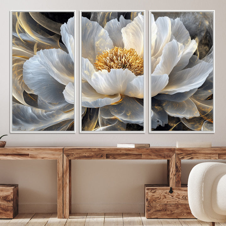 84689-MGV-CV-36X24-Gold Floral Wall Art Canvas Print, Framed Modern Flower Art Print, Golden Abstract Perfect for Vintage Decor