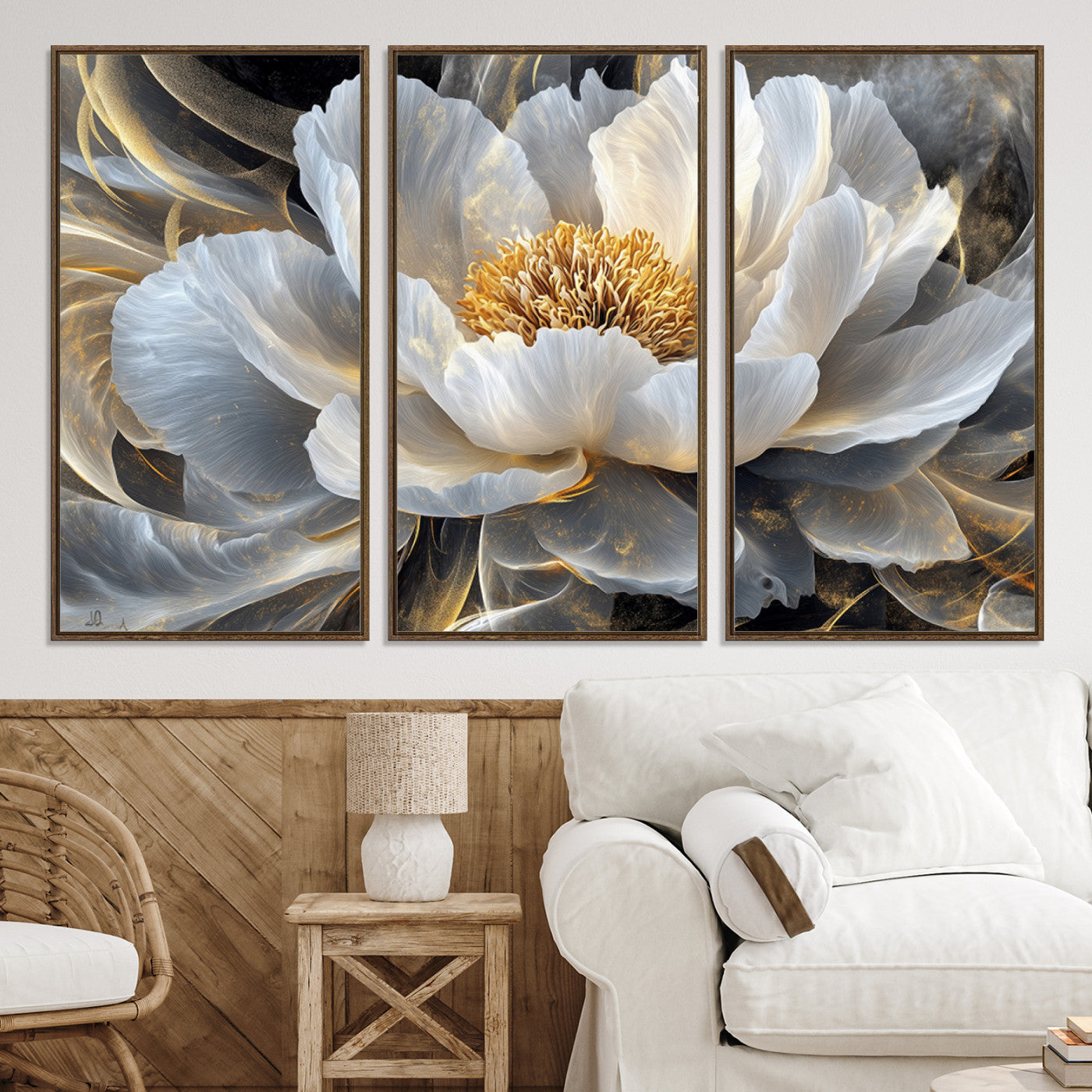 84689-MGV-CV-36X24-Gold Floral Wall Art Canvas Print, Framed Modern Flower Art Print, Golden Abstract Perfect for Vintage Decor