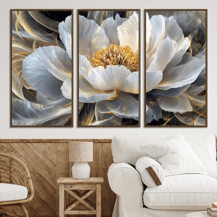 84689-MGV-CV-36X24-Gold Floral Wall Art Canvas Print, Framed Modern Flower Art Print, Golden Abstract Perfect for Vintage Decor