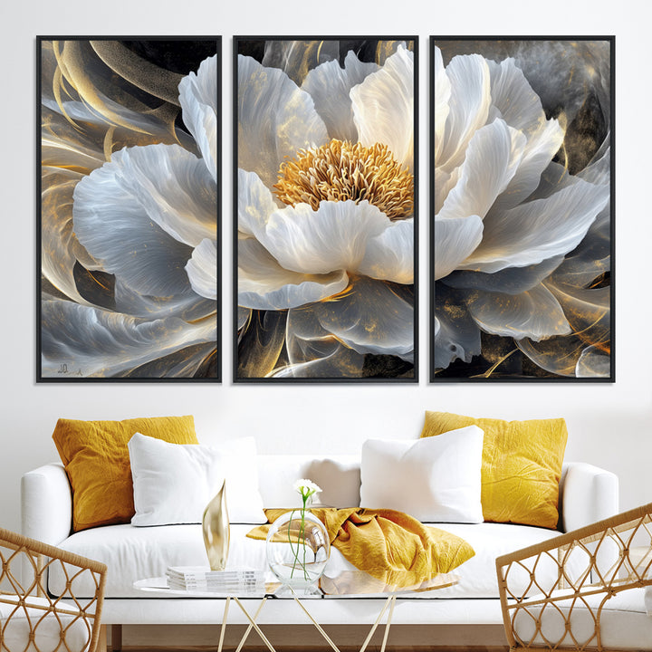 84689-MGV-CV-36X24-Gold Floral Wall Art Canvas Print, Framed Modern Flower Art Print, Golden Abstract Perfect for Vintage Decor