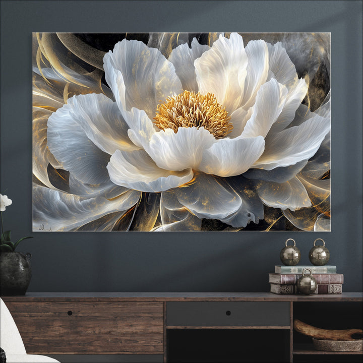 Gold Floral Wall Art Canvas Print, Framed Modern Flower Art Print, Golden Abstract Perfect for Vintage Decor