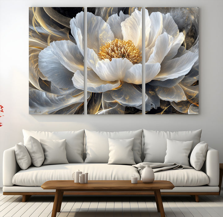 84689-MGV-CV-48X32-3P-Gold Floral Wall Art Canvas Print, Framed Modern Flower Art Print, Golden Abstract Perfect for Vintage Decor