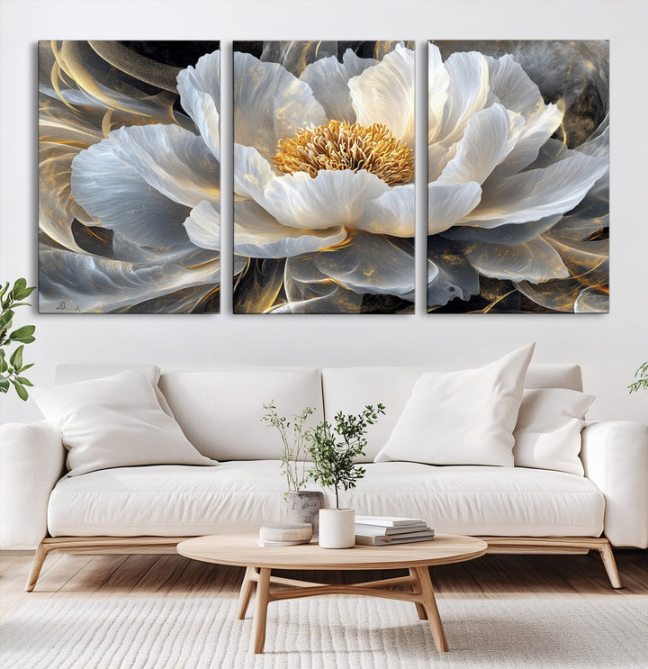84689-MGV-CV-60X30-3P-Gold Floral Wall Art Canvas Print, Framed Modern Flower Art Print, Golden Abstract Perfect for Vintage Decor