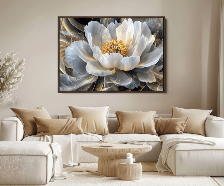 Gold Floral Wall Art Canvas Print, Framed Modern Flower Art Print, Golden Abstract Perfect for Vintage Decor