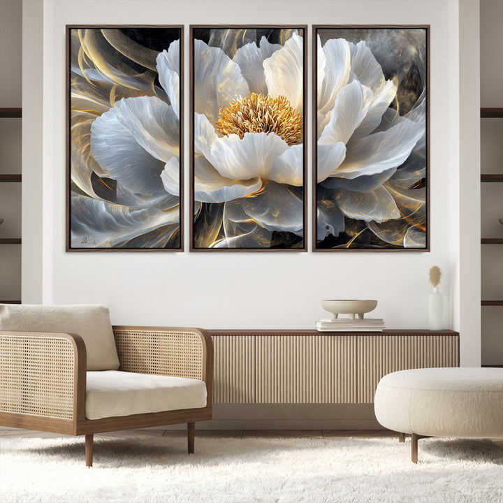 84689-MGV-FC-48X32-3P_Walnut-Gold Floral Wall Art Canvas Print, Framed Modern Flower Art Print, Golden Abstract Perfect for Vintage Decor