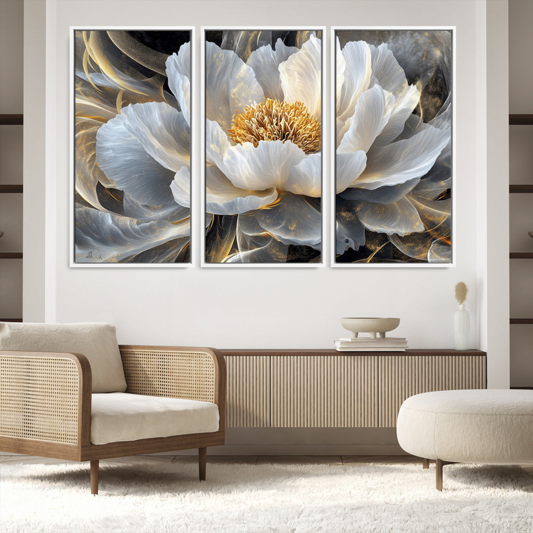 84689-MGV-FC-48X32-3P_White-Gold Floral Wall Art Canvas Print, Framed Modern Flower Art Print, Golden Abstract Perfect for Vintage Decor