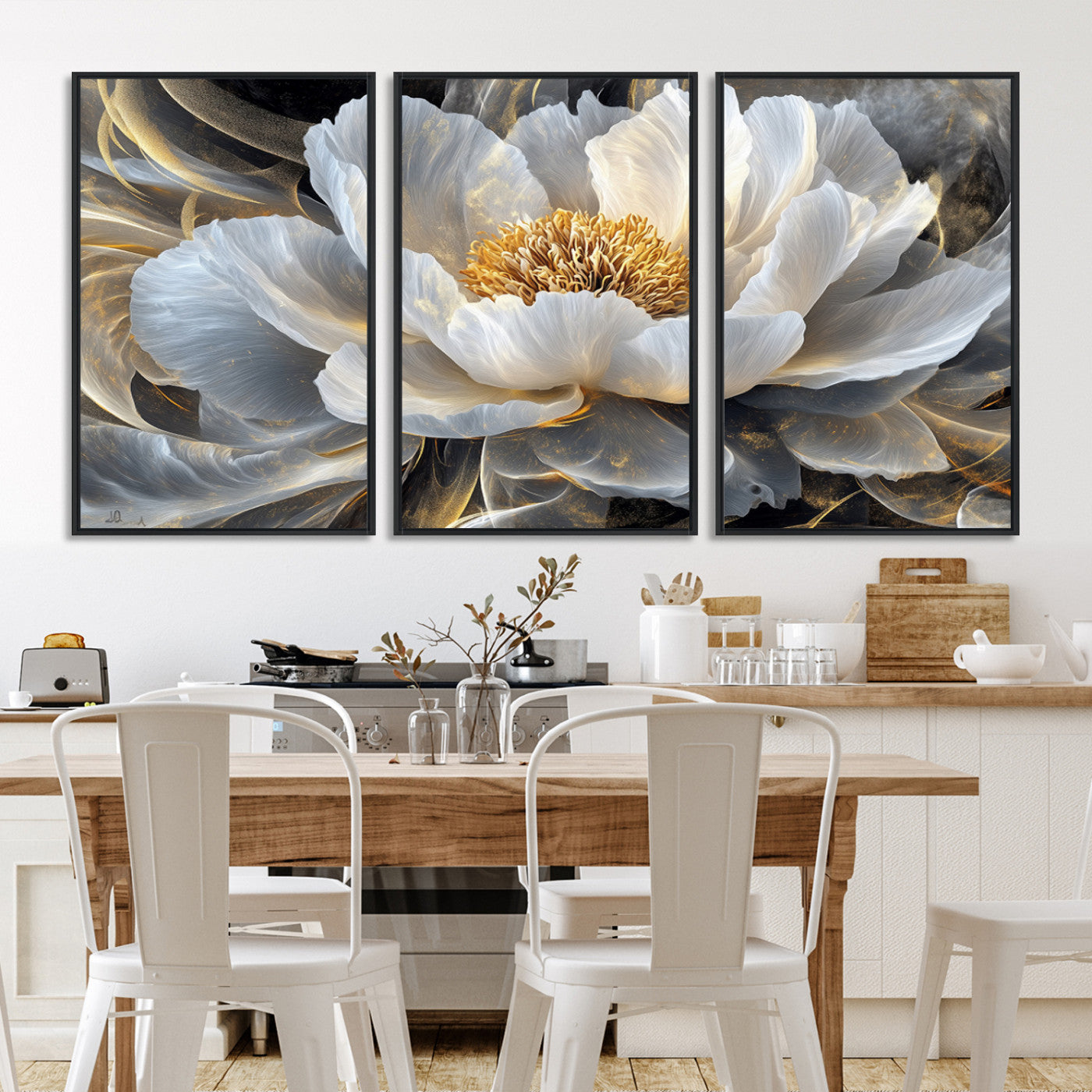 84689-MGV-FC-60X30-3P_Black-Gold Floral Wall Art Canvas Print, Framed Modern Flower Art Print, Golden Abstract Perfect for Vintage Decor