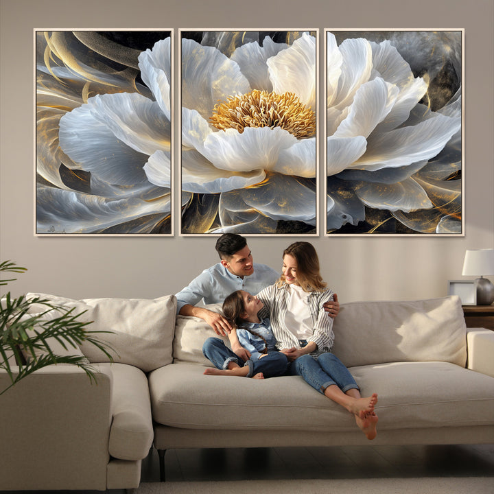 84689-MGV-FC-60X30-3P_Natural-Gold Floral Wall Art Canvas Print, Framed Modern Flower Art Print, Golden Abstract Perfect for Vintage Decor