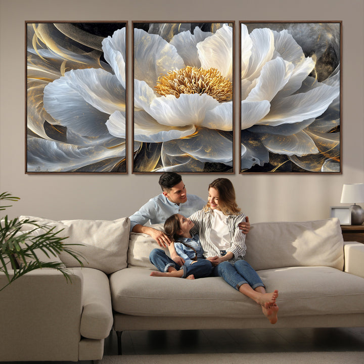 84689-MGV-FC-60X30-3P_Walnut-Gold Floral Wall Art Canvas Print, Framed Modern Flower Art Print, Golden Abstract Perfect for Vintage Decor