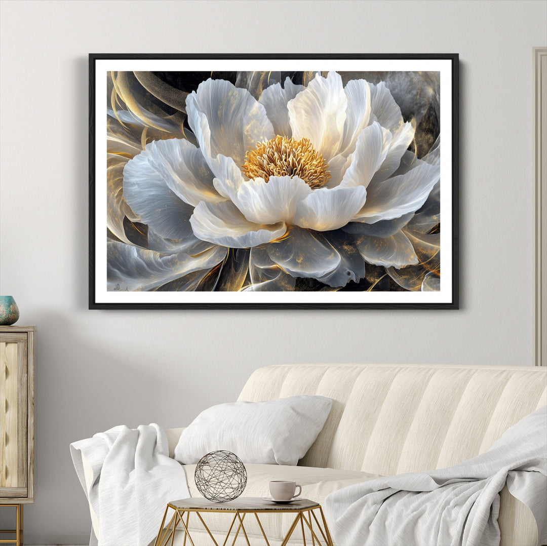 Gold Floral Wall Art Canvas Print, Framed Modern Flower Art Print, Golden Abstract Perfect for Vintage Decor