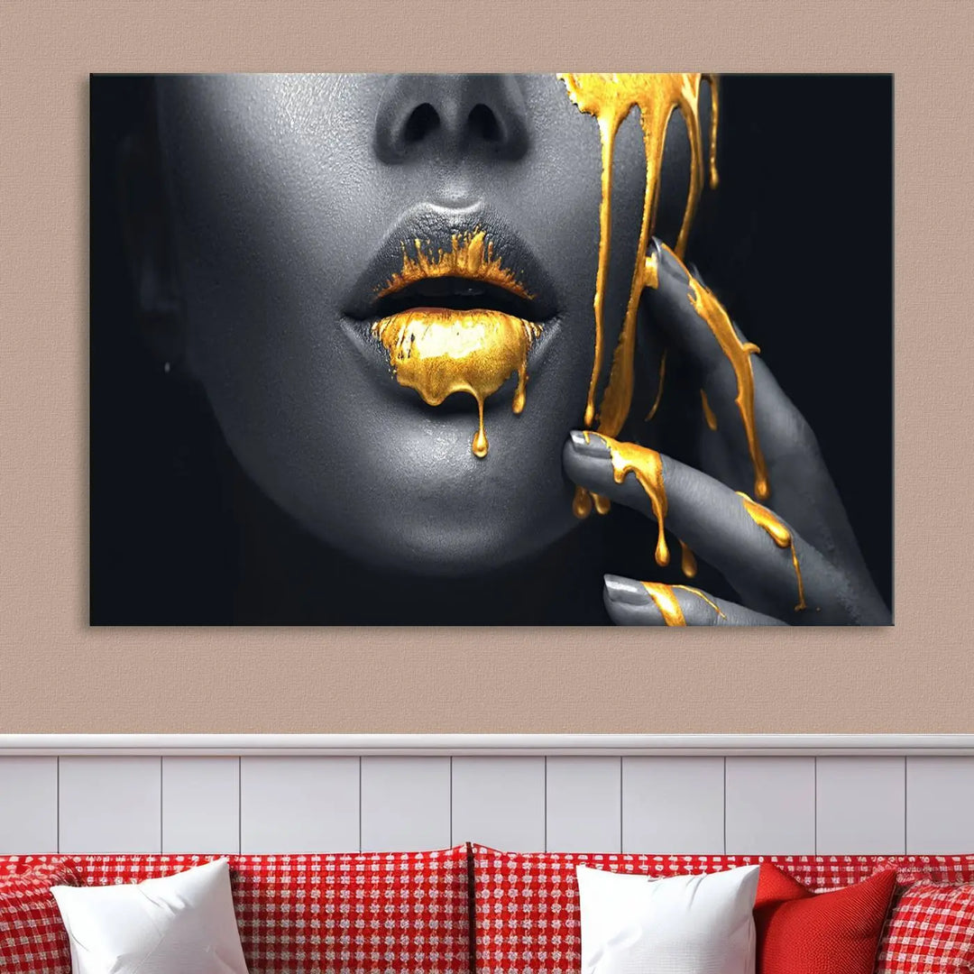 The modern living room features a striking triptych called the "Gold Glitter Lips Fashion Photography Wall Art Makeup" canvas print.