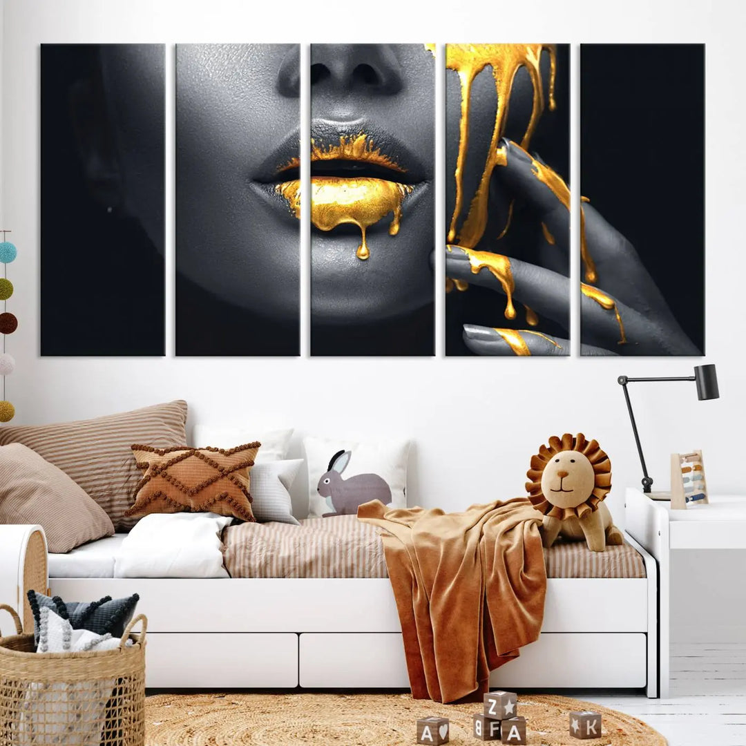 The modern living room features a striking triptych called the "Gold Glitter Lips Fashion Photography Wall Art Makeup" canvas print.