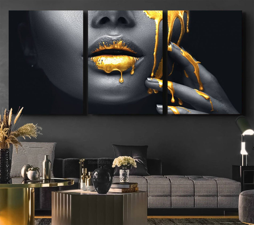 Gold Glitter Lips Fashion Photography Wall Art Makeup Wall Art, Gold Glitter Lips Wall Art Canvas Print