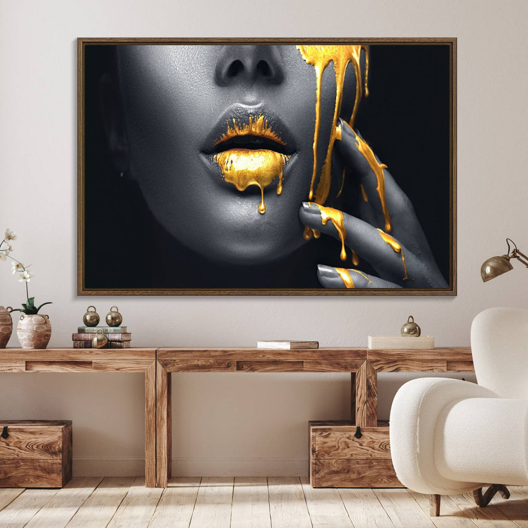 Gold Glitter Lips Fashion Photography Wall Art Makeup Wall Art, Gold Glitter Lips Wall Art Canvas Print