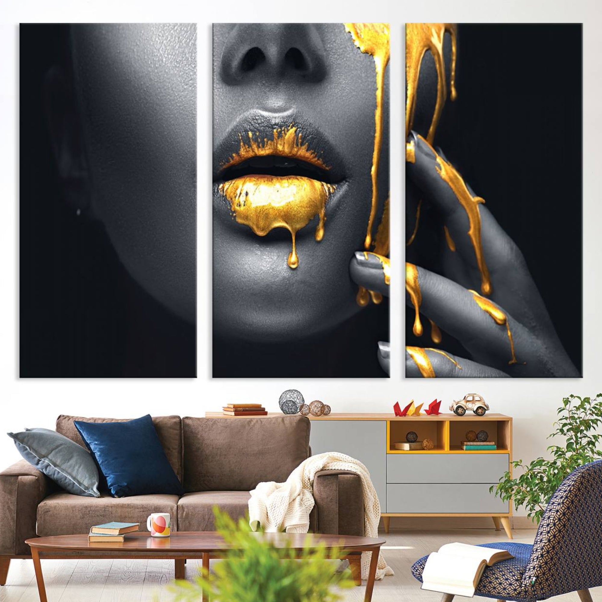 50358-MGV-CV-36X24-Gold Glitter Lips Fashion Photography Wall Art Makeup Wall Art, Gold Glitter Lips Wall Art Canvas