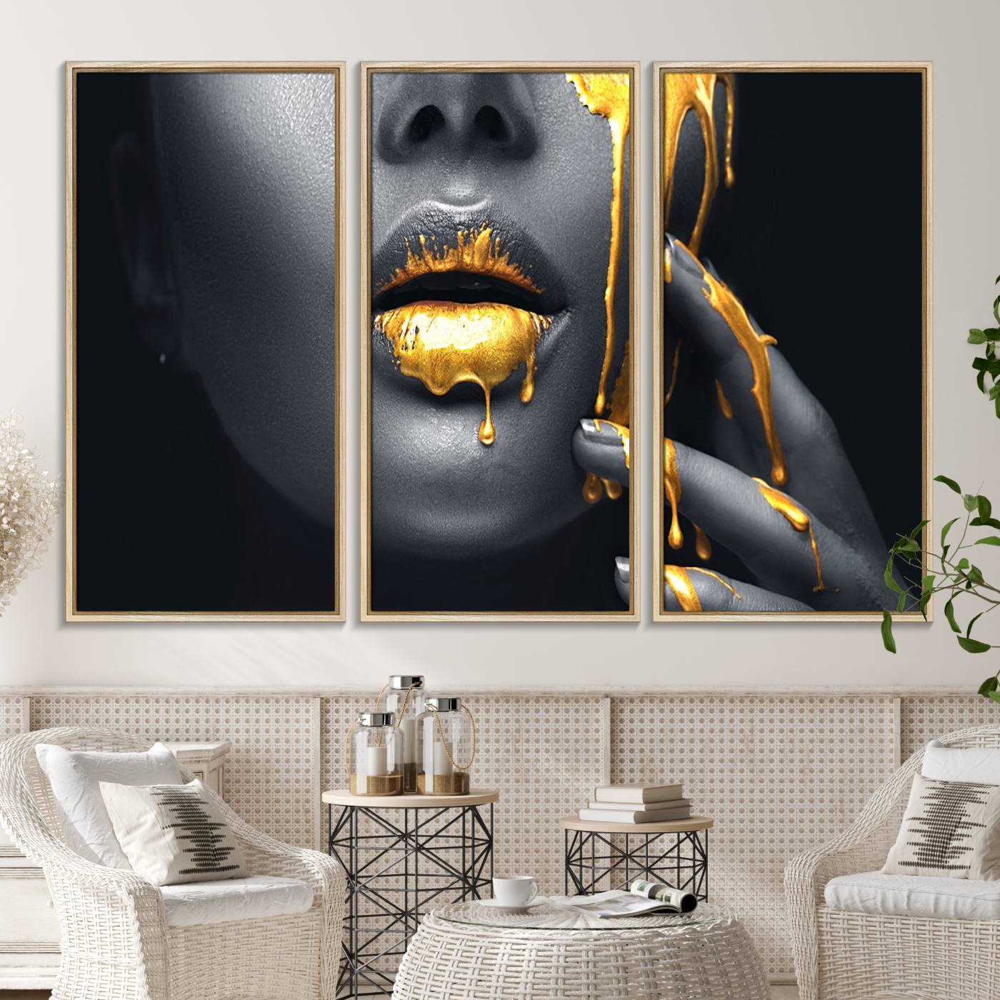 50358-MGV-CV-36X24-Gold Glitter Lips Fashion Photography Wall Art Makeup Wall Art, Gold Glitter Lips Wall Art Canvas Print