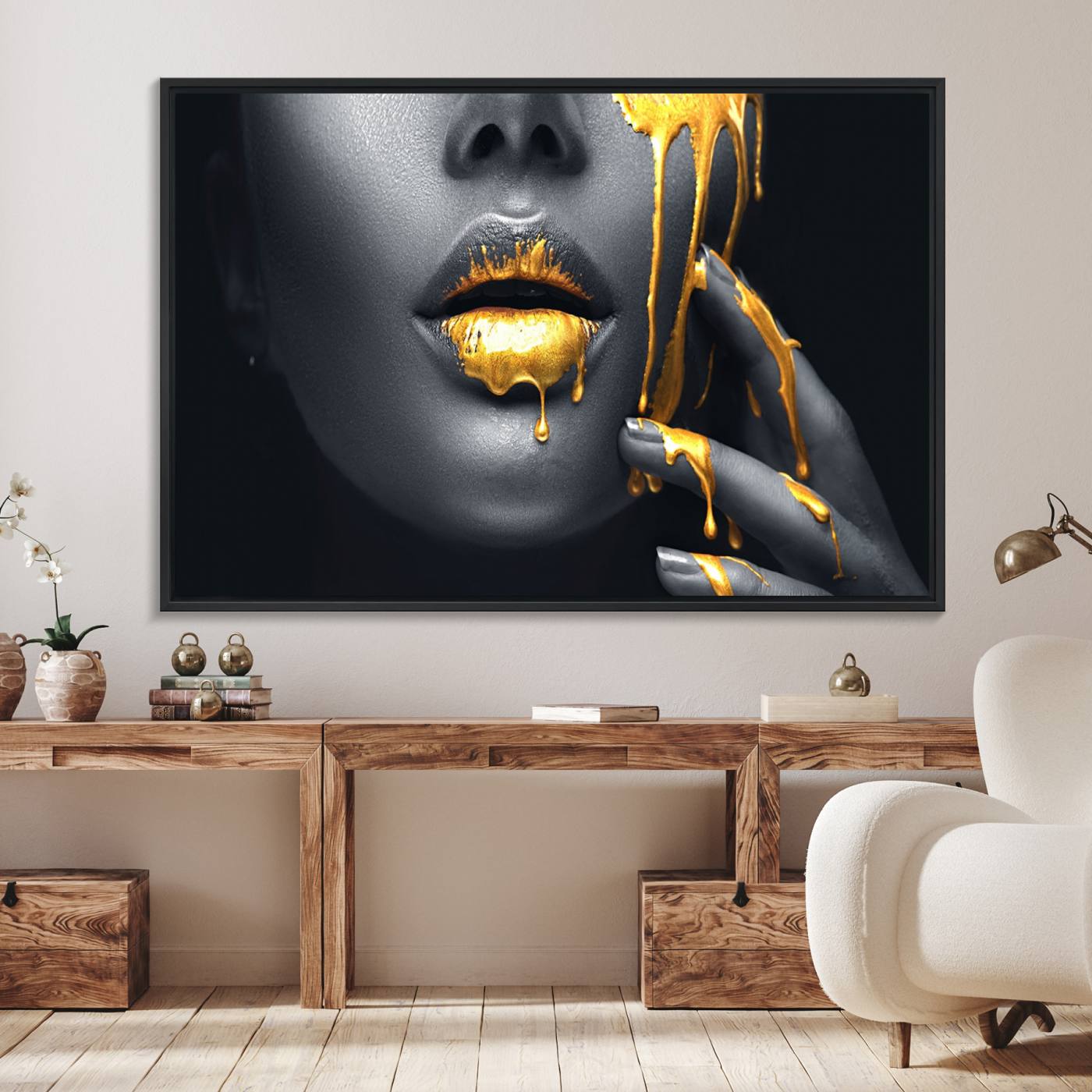 50358-MGV-FC-36X24_Black-Gold Glitter Lips Fashion Photography Wall Art Makeup Wall Art, Gold Glitter Lips Wall Art Canvas Print