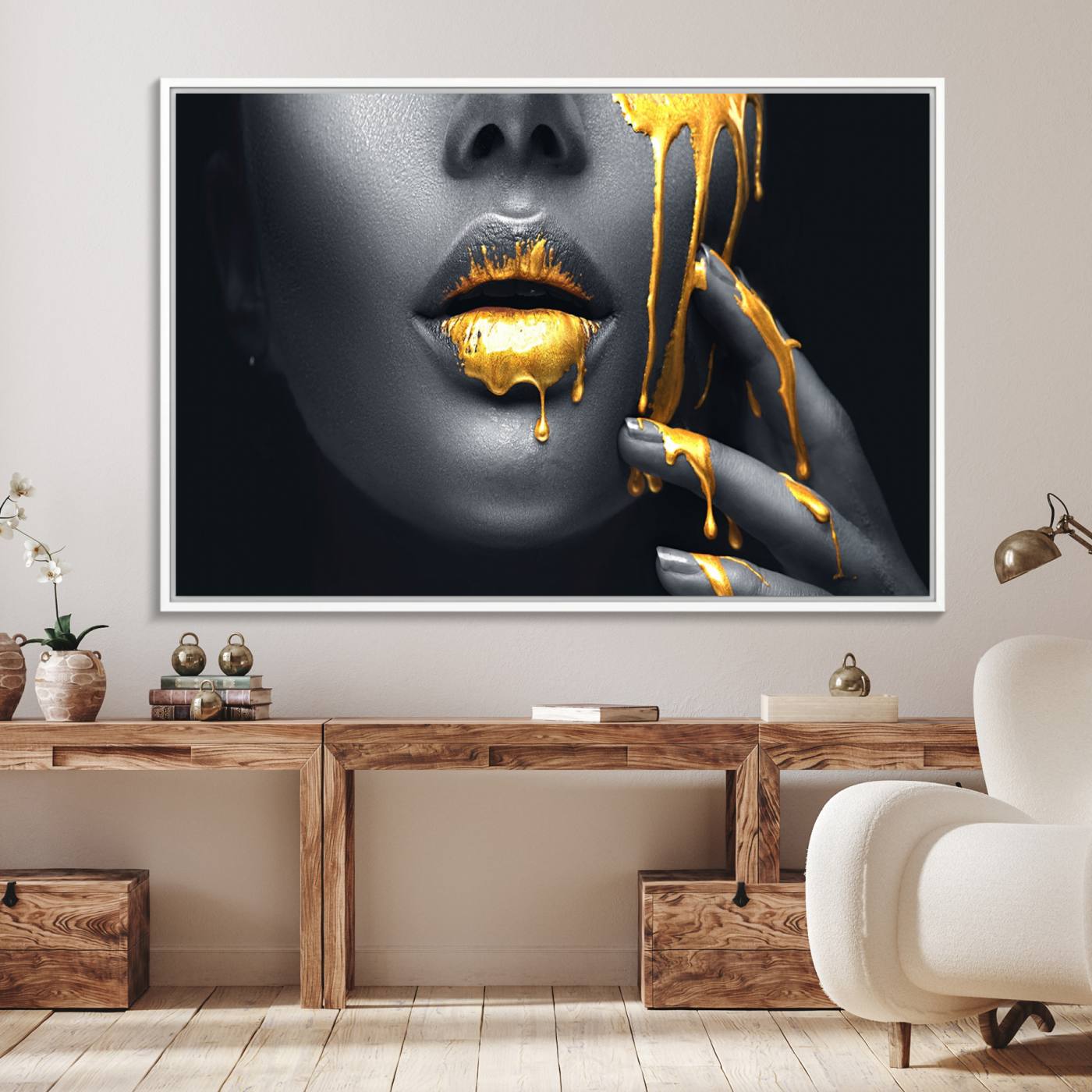 50358-MGV-FC-36X24_White-Gold Glitter Lips Fashion Photography Wall Art Makeup Wall Art, Gold Glitter Lips Wall Art Canvas Print