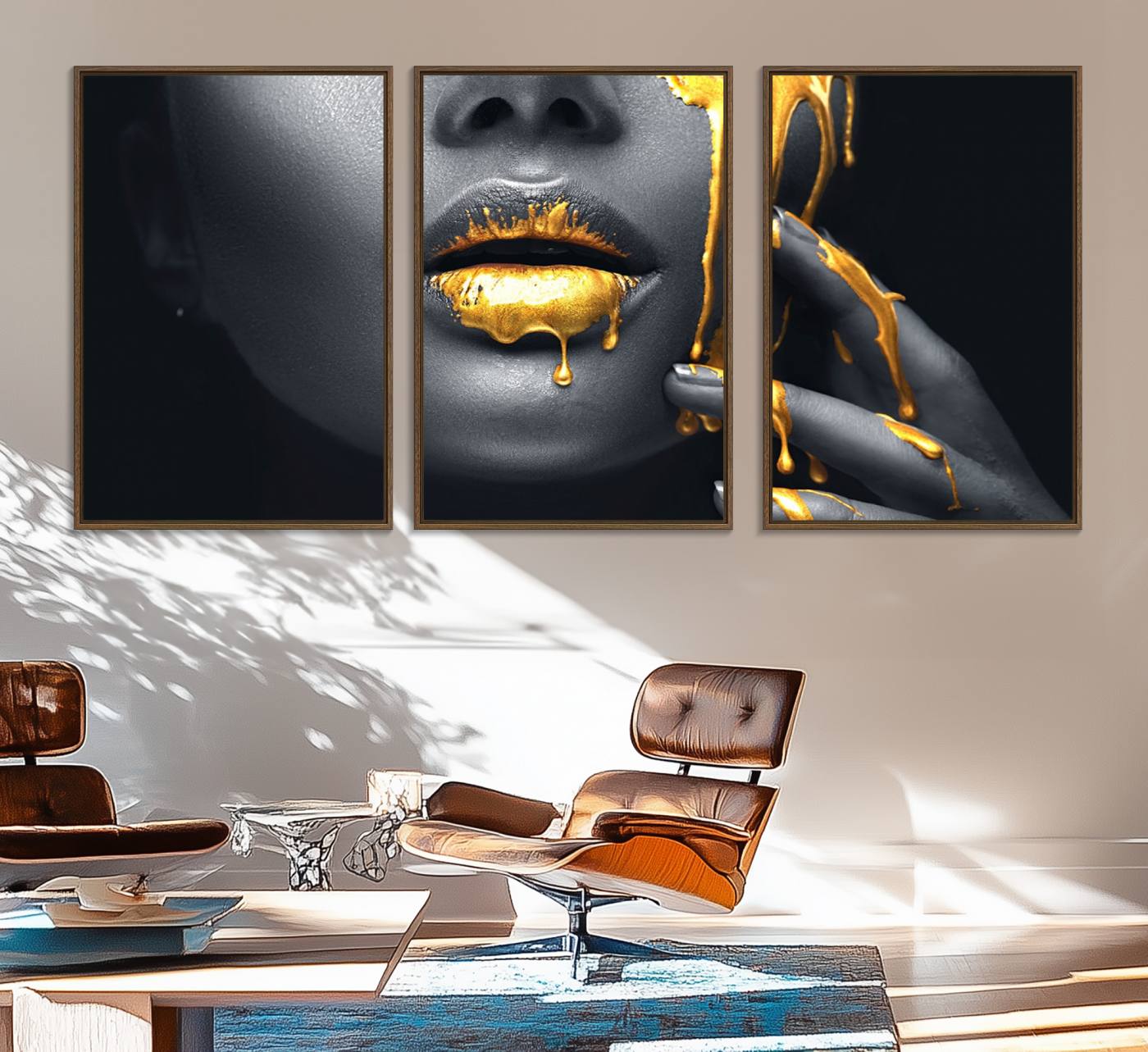 50358-MGV-FC-60X30-3P_Walnut-Gold Glitter Lips Fashion Photography Wall Art Makeup Wall Art, Gold Glitter Lips Wall Art Canvas