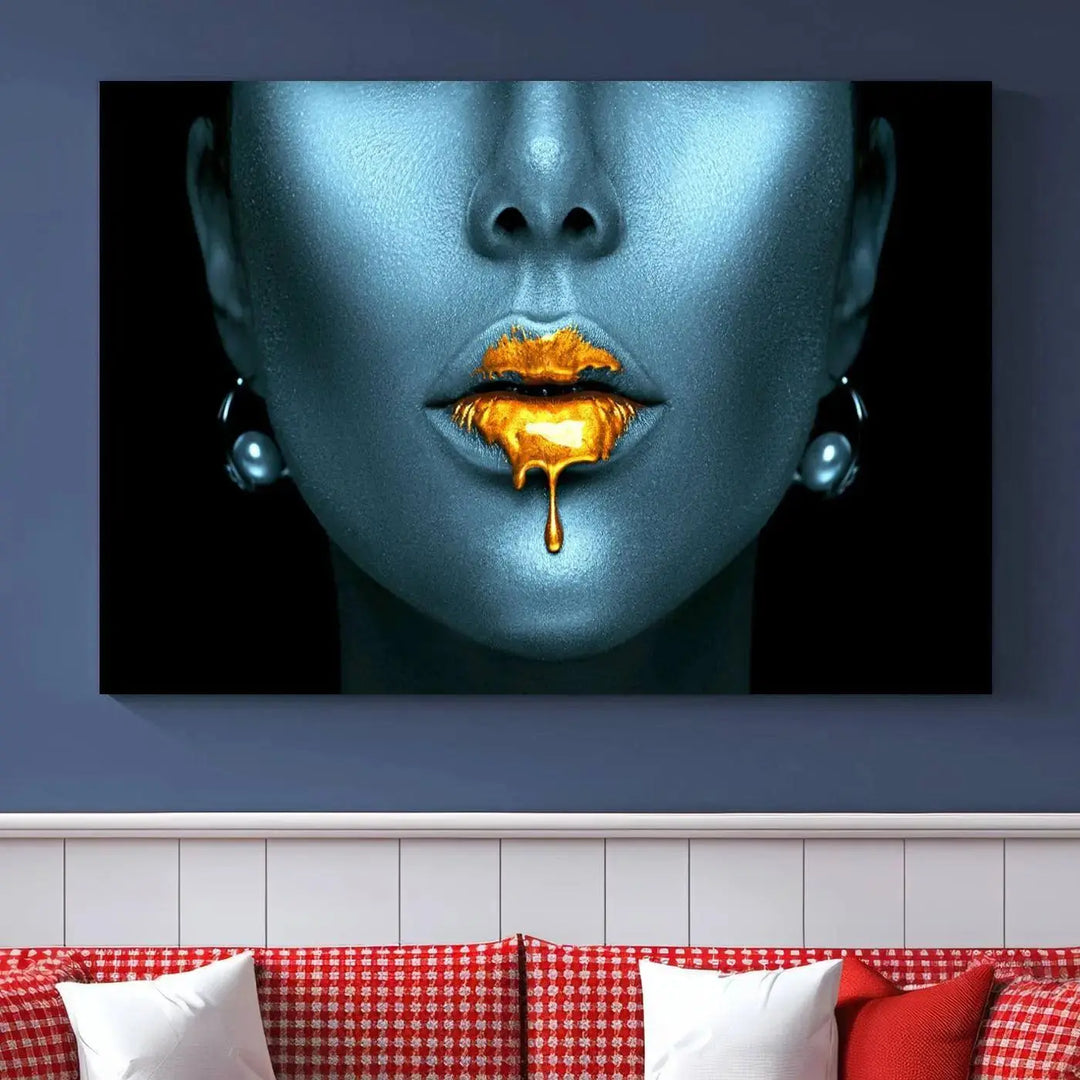 The wall showcases the Gold Glitter Lips Wall Art Lips Canvas Art Print, featuring a striking blue metallic face with gold glitter lips. This piece effortlessly incorporates modern aesthetics into your living space.