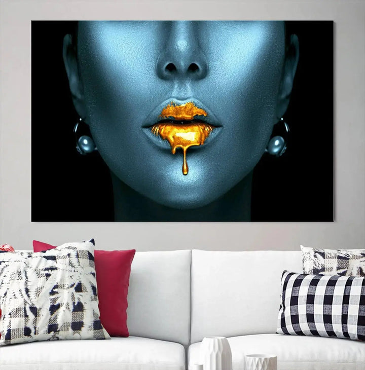 The wall showcases the Gold Glitter Lips Wall Art Lips Canvas Art Print, featuring a striking blue metallic face with gold glitter lips. This piece effortlessly incorporates modern aesthetics into your living space.