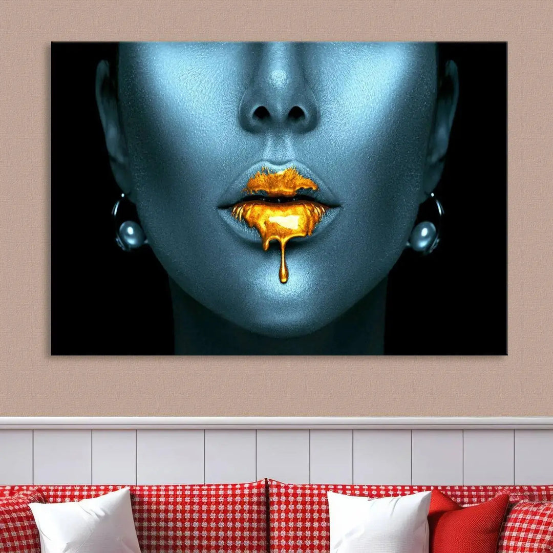 The wall showcases the Gold Glitter Lips Wall Art Lips Canvas Art Print, featuring a striking blue metallic face with gold glitter lips. This piece effortlessly incorporates modern aesthetics into your living space.