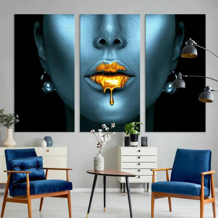 The wall showcases the Gold Glitter Lips Wall Art Lips Canvas Art Print, featuring a striking blue metallic face with gold glitter lips. This piece effortlessly incorporates modern aesthetics into your living space.