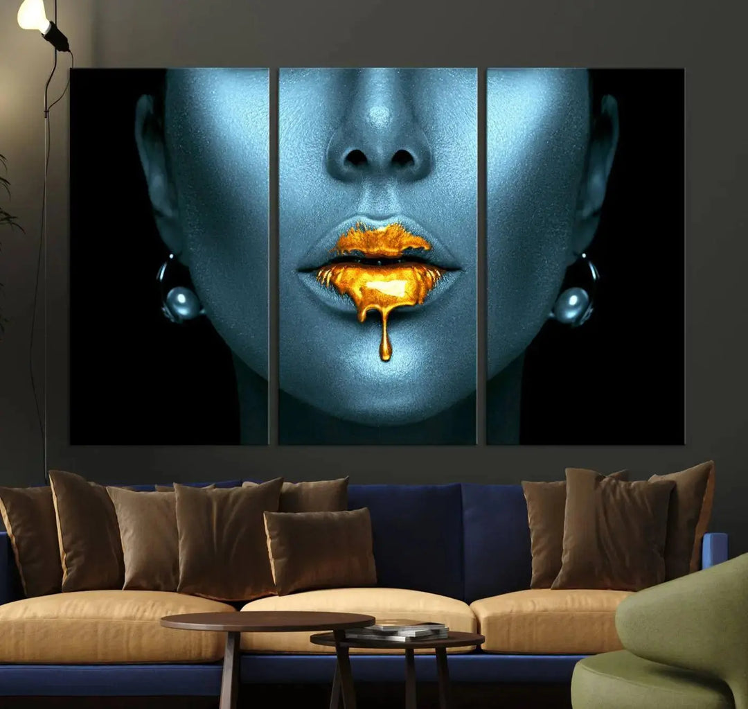 The wall showcases the Gold Glitter Lips Wall Art Lips Canvas Art Print, featuring a striking blue metallic face with gold glitter lips. This piece effortlessly incorporates modern aesthetics into your living space.