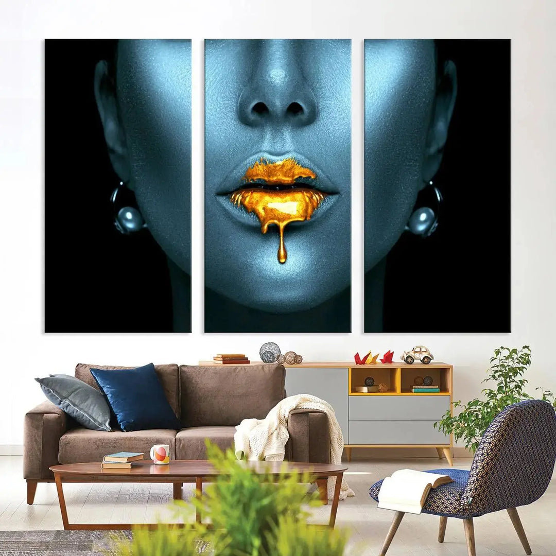 The wall showcases the Gold Glitter Lips Wall Art Lips Canvas Art Print, featuring a striking blue metallic face with gold glitter lips. This piece effortlessly incorporates modern aesthetics into your living space.