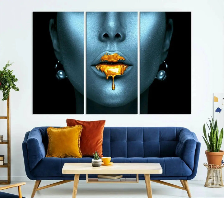 The wall showcases the Gold Glitter Lips Wall Art Lips Canvas Art Print, featuring a striking blue metallic face with gold glitter lips. This piece effortlessly incorporates modern aesthetics into your living space.