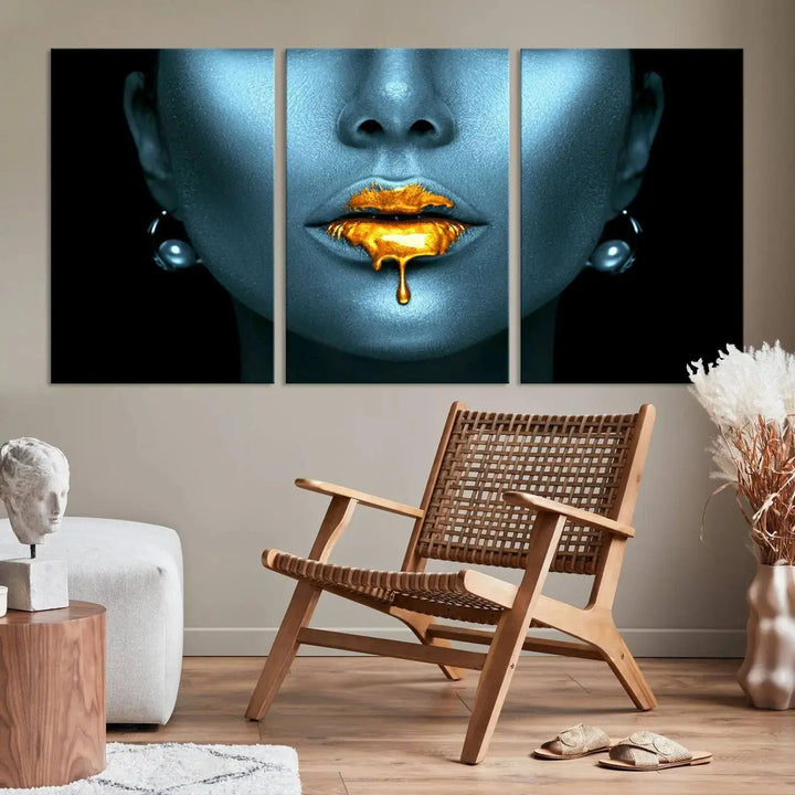 The wall showcases the Gold Glitter Lips Wall Art Lips Canvas Art Print, featuring a striking blue metallic face with gold glitter lips. This piece effortlessly incorporates modern aesthetics into your living space.