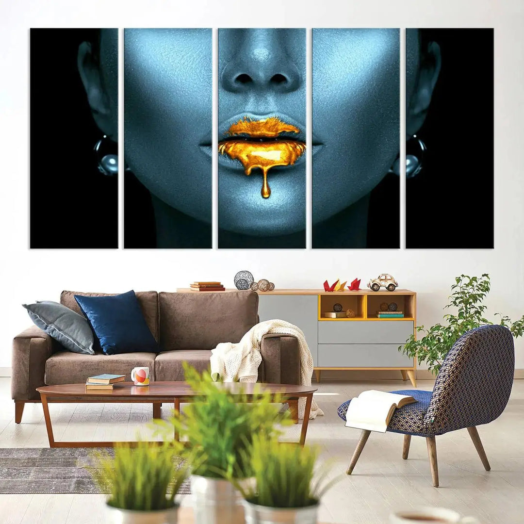 The wall showcases the Gold Glitter Lips Wall Art Lips Canvas Art Print, featuring a striking blue metallic face with gold glitter lips. This piece effortlessly incorporates modern aesthetics into your living space.