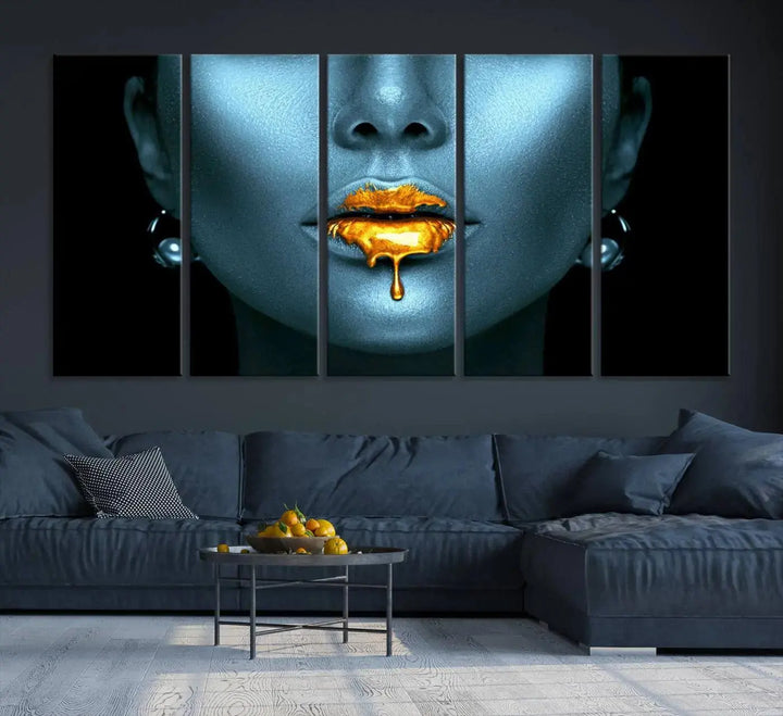 The wall showcases the Gold Glitter Lips Wall Art Lips Canvas Art Print, featuring a striking blue metallic face with gold glitter lips. This piece effortlessly incorporates modern aesthetics into your living space.