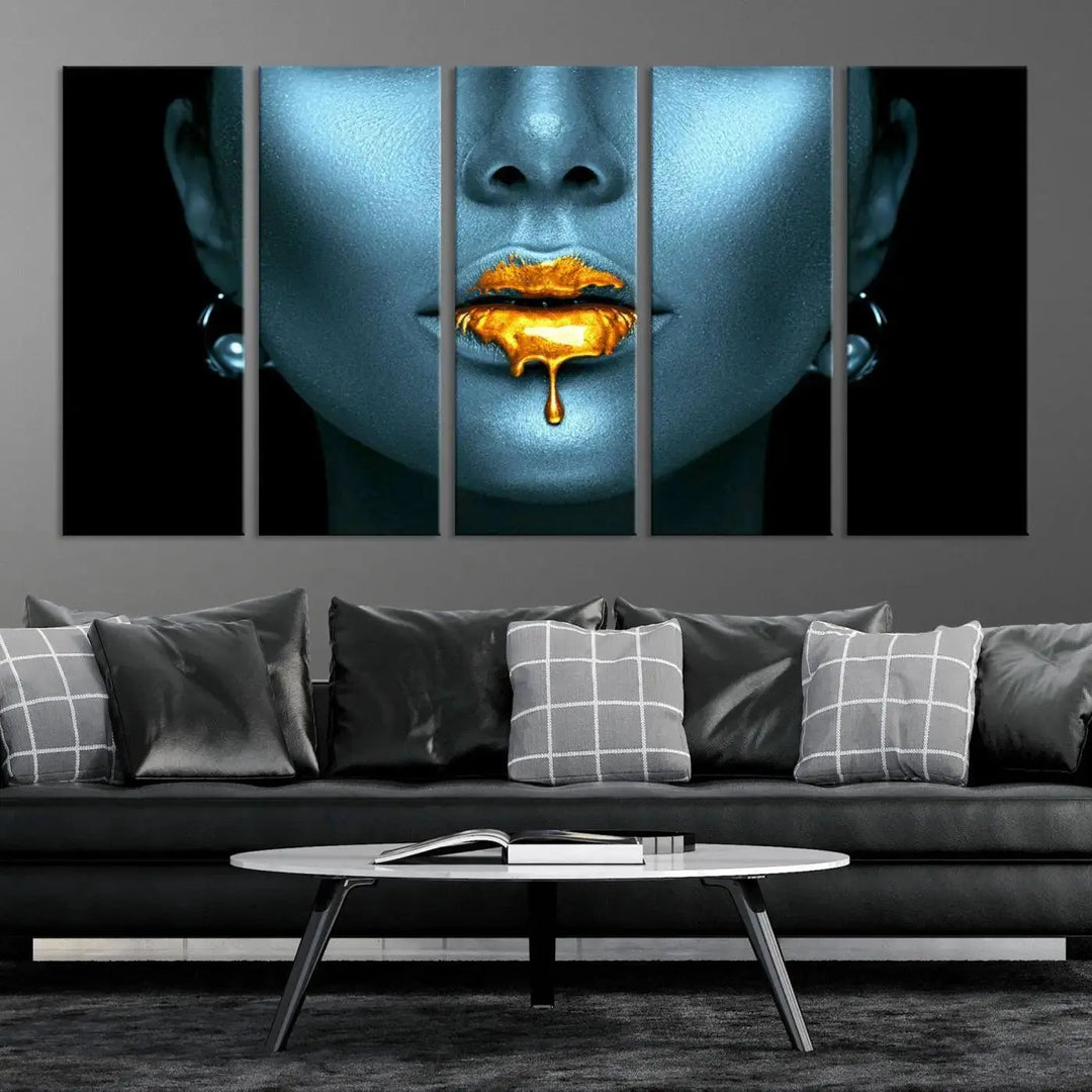 The wall showcases the Gold Glitter Lips Wall Art Lips Canvas Art Print, featuring a striking blue metallic face with gold glitter lips. This piece effortlessly incorporates modern aesthetics into your living space.