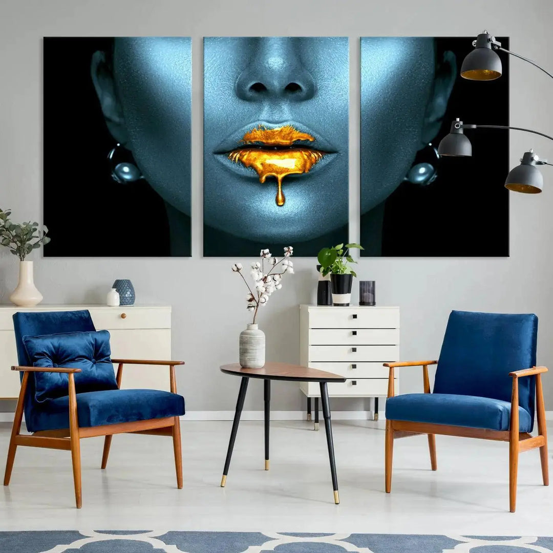 The wall showcases the Gold Glitter Lips Wall Art Lips Canvas Art Print, featuring a striking blue metallic face with gold glitter lips. This piece effortlessly incorporates modern aesthetics into your living space.