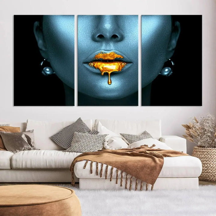 The wall showcases the Gold Glitter Lips Wall Art Lips Canvas Art Print, featuring a striking blue metallic face with gold glitter lips. This piece effortlessly incorporates modern aesthetics into your living space.